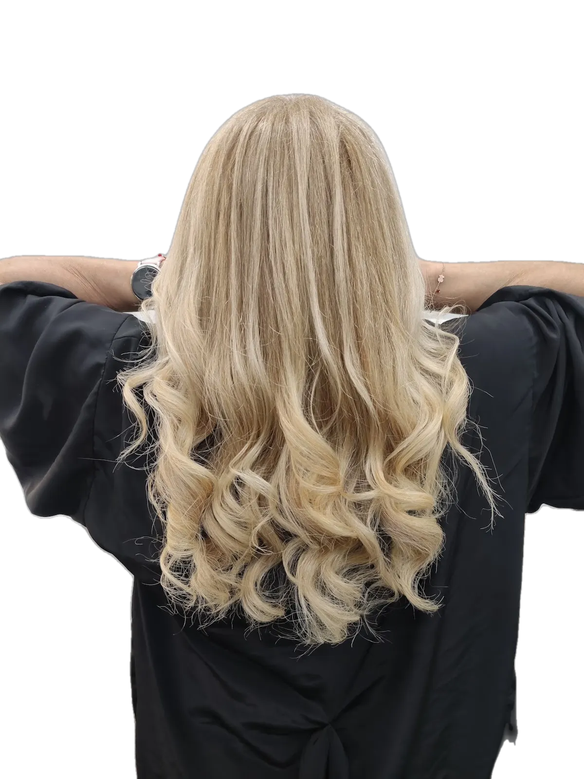 Melena larga con mechas rubias y ondas marcadas, de espaldas, recién peinada en IDEAS